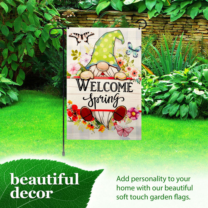 G128 Combo Pack: Garden Flag Stand 36x16IN & Garden Flag Welcome Spring Gnome Flowers Printed 12x18IN Double Sided