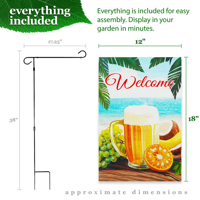 G128 Combo Pack: Garden Flag Stand 36x16IN & Garden Flag Welcome Beach Drink Printed 12x18IN Double Sided