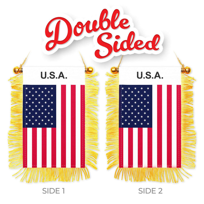 G128 2 Pack: USA American Fringy Flag | 3x5IN | Fringy Hanging Double Sided Flag with Suction Cup, Window and Car Rearview Mirror Decor