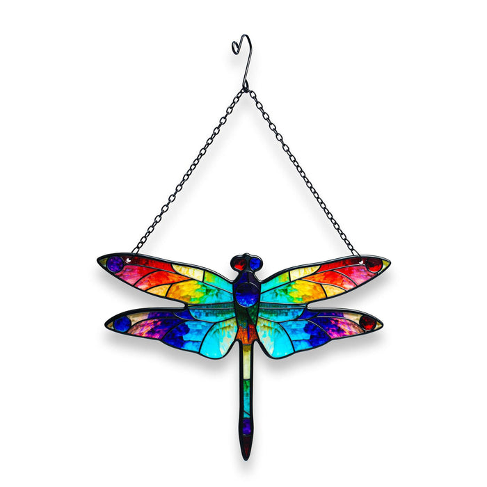 G128 dragonfly stained glass suncatcher window hanging ornament with metal frame, 12 inch nominal size