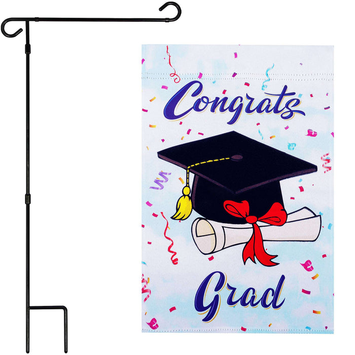 G128 Combo Pack: Garden Flag Stand 36x16IN & Garden Flag Happy Graduation Congrats Cap Printed 12x18IN Double Sided