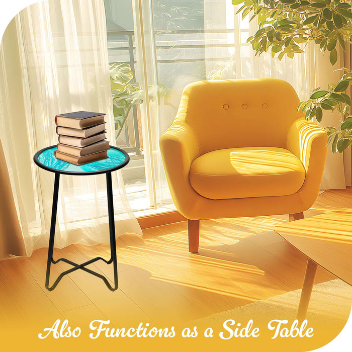 G128 14 in Round Glass Outdoor Side Table Jellyfish Ocean Pattern | Decorative Plant Stand, Small End Table for Garden Patio Porch Living Room