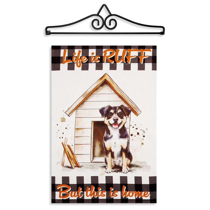 G128 Combo Pack Garden Flag Hanger 14IN & Garden Flag Life is Ruff Dog House Printed 12x18IN Double Sided Yard Lawn Decoration