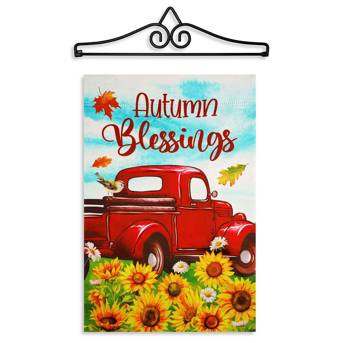 G128 12x18IN Autumn Blessings Red Truck Sunflower Garden Flag with 14IN Hanger