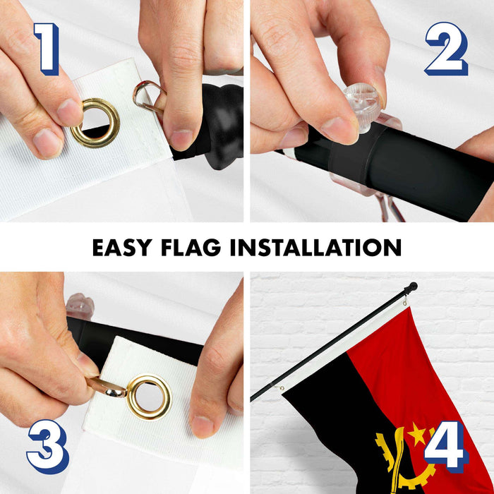 G128 Combo Pack: 6 Ft Twist Free Aluminum Spinning Flagpole (Black) & Angola Flag | 3x5 Ft | LiteWeave Pro Series Printed 150D Polyester | Pole with Flag Included