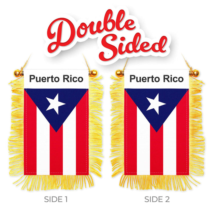 G128 2 Pack: Puerto Rico Fringy Flag | 3x5IN | Fringy Hanging Double Sided Flag with Suction Cup, Window and Car Rearview Mirror Decor