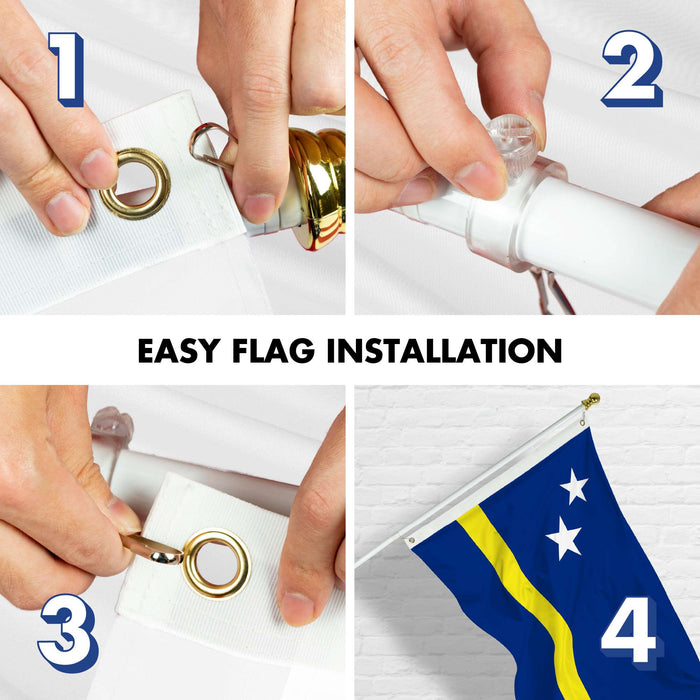 G128 Combo Pack: 6 Ft Twist Free Aluminum Spinning Flagpole (White) & Curacao Flag | 3x5 Ft | LiteWeave Pro Series Printed 150D Polyester | Pole with Flag Included