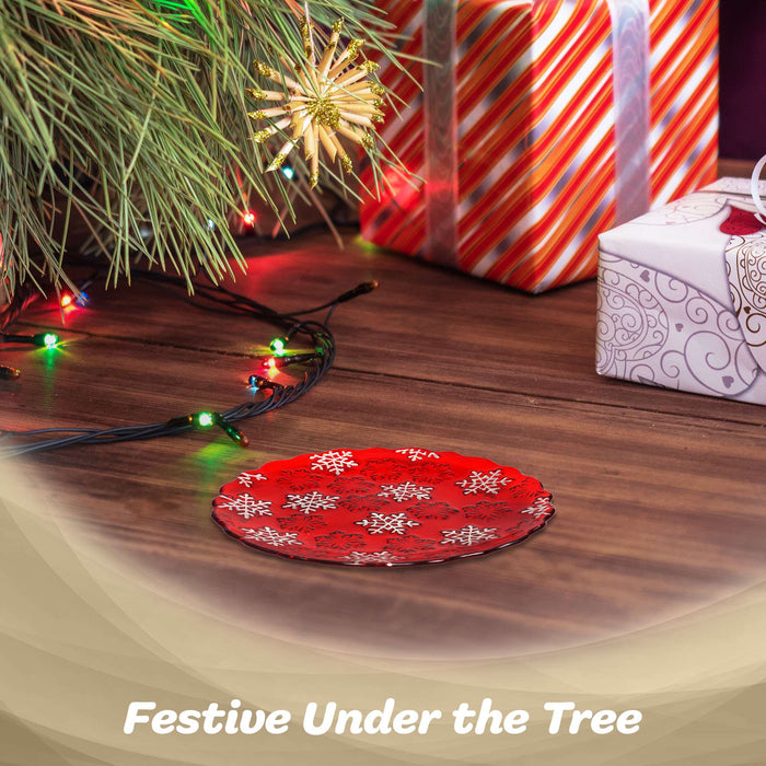G128 red snowflake glass Christmas serving platter, 12 inch holiday plate