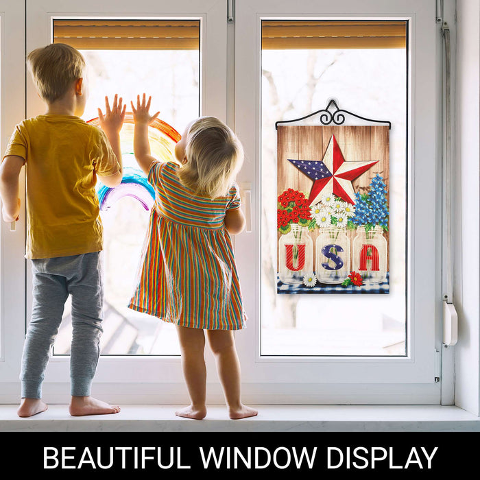 G128 Combo Pack Garden Flag Hanger 14IN & Garden Flag USA Star Flowers Printed 12x18IN Double Sided