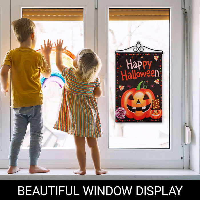 G128 12x18IN Happy Halloween Pumpkin Candy Garden Flag with 14IN Hanger