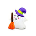 G128 3.5FT inflatable Halloween ghost in a witch hat holding a broom, glowing on a front porch