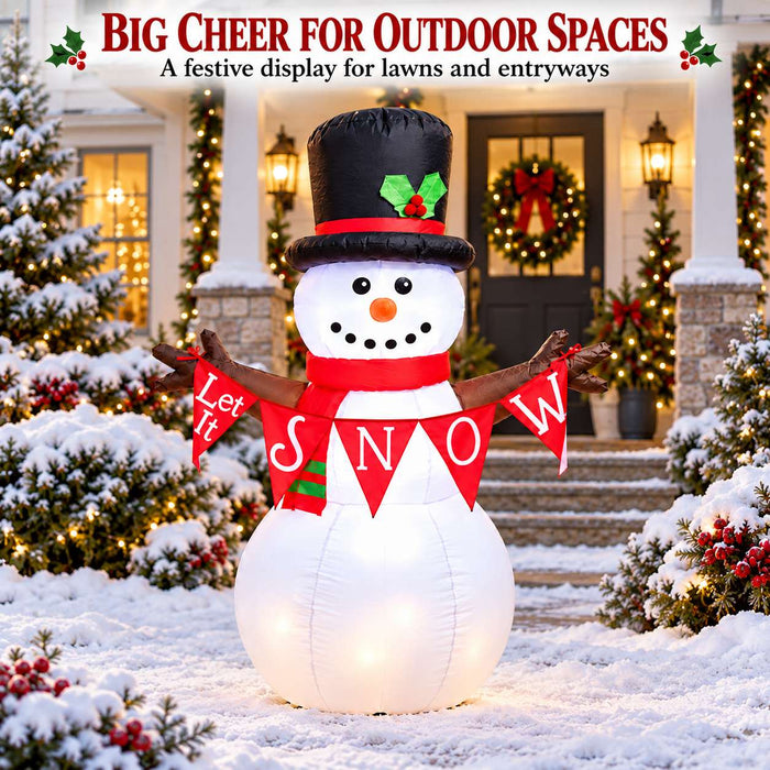 G128 5FT inflatable Christmas snowman with top hat, red scarf and Let It Snow banner lit up in a yard