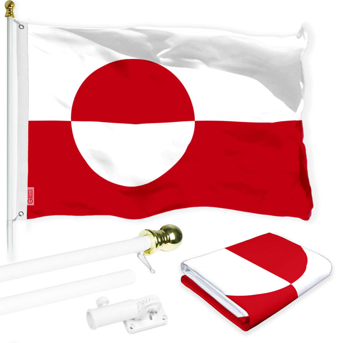 G128 Combo Pack: 6 Ft Twist Free Aluminum Spinning Flagpole (White) & Greenland Flag | 3x5 Ft | LiteWeave Pro Series Printed 150D Polyester | Pole with Flag Included