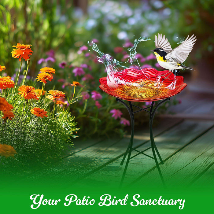 G128 19 Inch Height Glass Bird Baths with Metal Stand | Decorative Red BirdBaths Bowl Outdoor Garden Bird Feeder