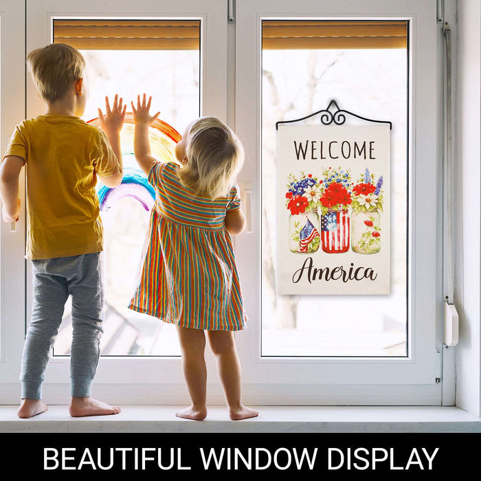 G128 Combo Pack Garden Flag Hanger 14IN & Garden Flag Welcome America Mason Jars Printed 12x18IN Double Sided Yard Garden Lawn Decoration