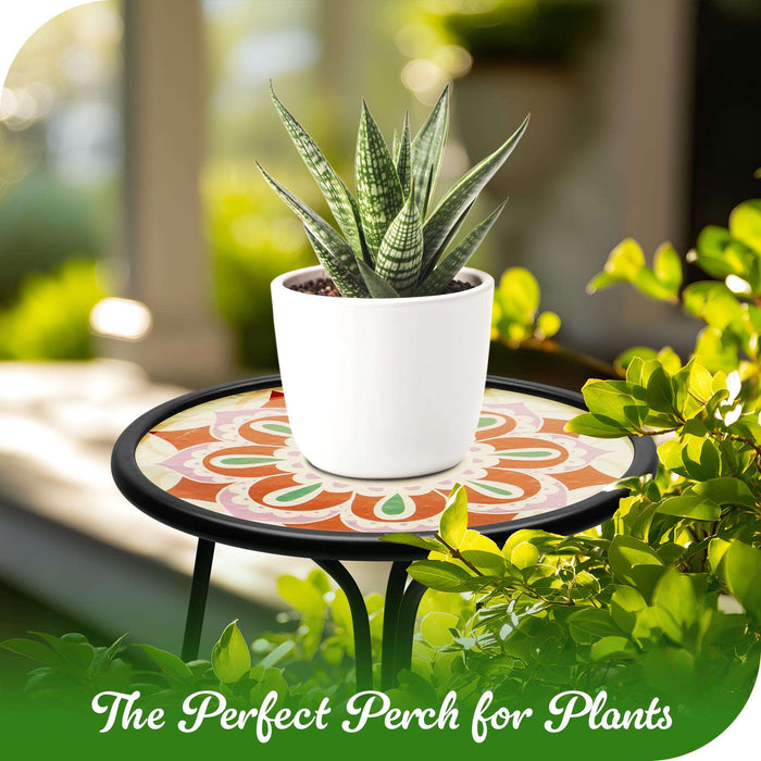 G128 12 in Round Glass Outdoor Side Table Purple Mandala Pattern | Decorative Plant Stand, Small End Table for Garden Patio Porch Living Room