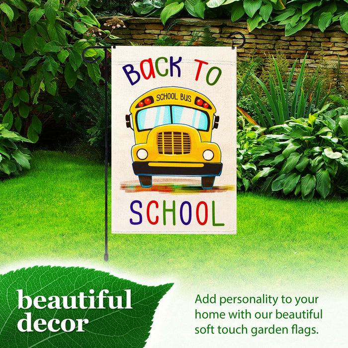 G128 Combo Pack: Garden Flag Stand 36x16IN & Garden Flag Back to School Bus Printed 12x18IN Double Sided