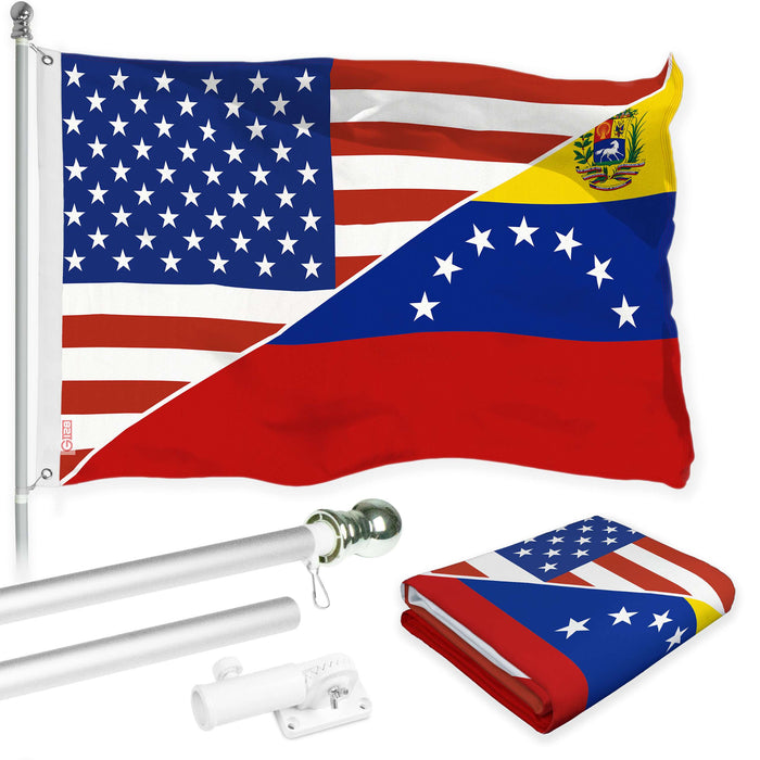 G128 Combo Pack: 6 Ft Twist Free Aluminum Spinning Flagpole (Silver) & Venezuela 7 Stars USA Friendship Flag | 3x5 Ft | LiteWeave Pro Series Printed 150D Polyester | Pole with Flag Included