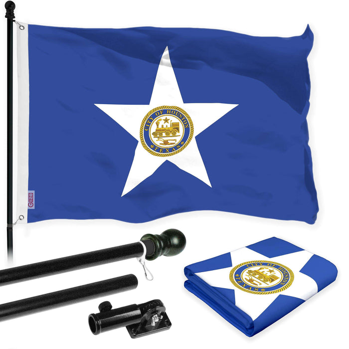 G128 Combo Pack: 6 Ft Twist Free Aluminum Spinning Flagpole (Black) & Houston Flag | 3x5 Ft | LiteWeave Pro Series Printed 150D Polyester | Pole with Flag Included