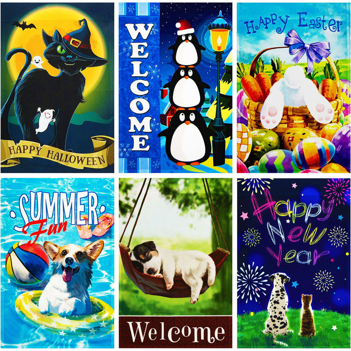G128 set of 6 seasonal animals garden flags, 12x18 inch