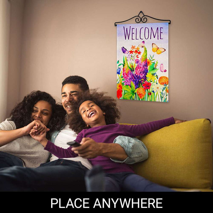 G128 Combo Pack Garden Flag Hanger 14IN & Garden Flag Spring Floral Butterfly Welcome Printed 12x18IN Double Sided Yard Garden Lawn Decoration