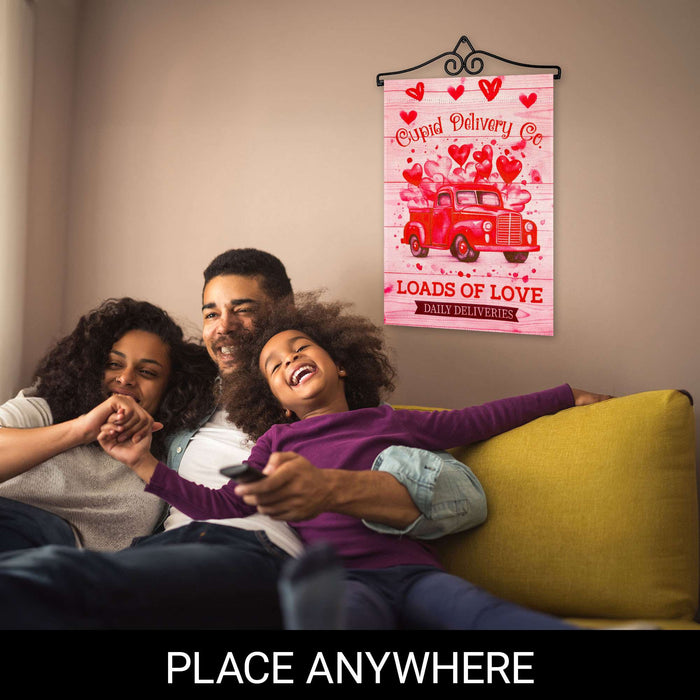G128 Combo Pack Garden Flag Hanger 14IN & Garden Flag Valentine's Day Cupid Delivery Truck Printed 12x18IN Double Sided Yard Garden Lawn Decoration
