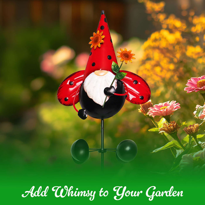 G128 Gnome Labybug Metal Yard Wind Spinner Stake | Outdoor 48 inch Gnome Statue Decorations 360 Degrees Swivel Wind Spinner for Patio Garden Backyard