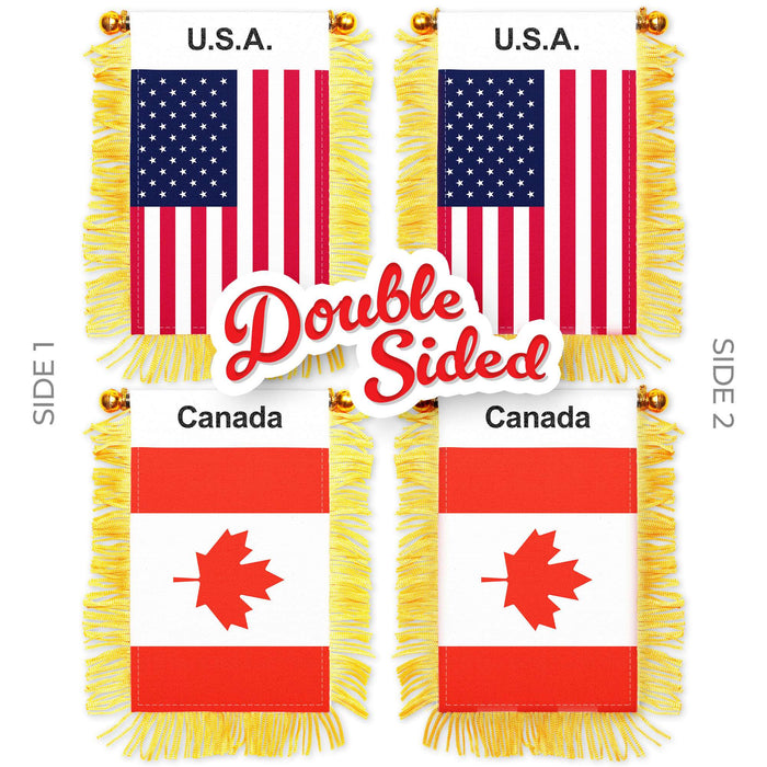G128 Combo Pack: American USA & Canada Canadian Fringy Flag Double Sided 3x5 In | Both Fringy Hanging Flag with Suction Cup