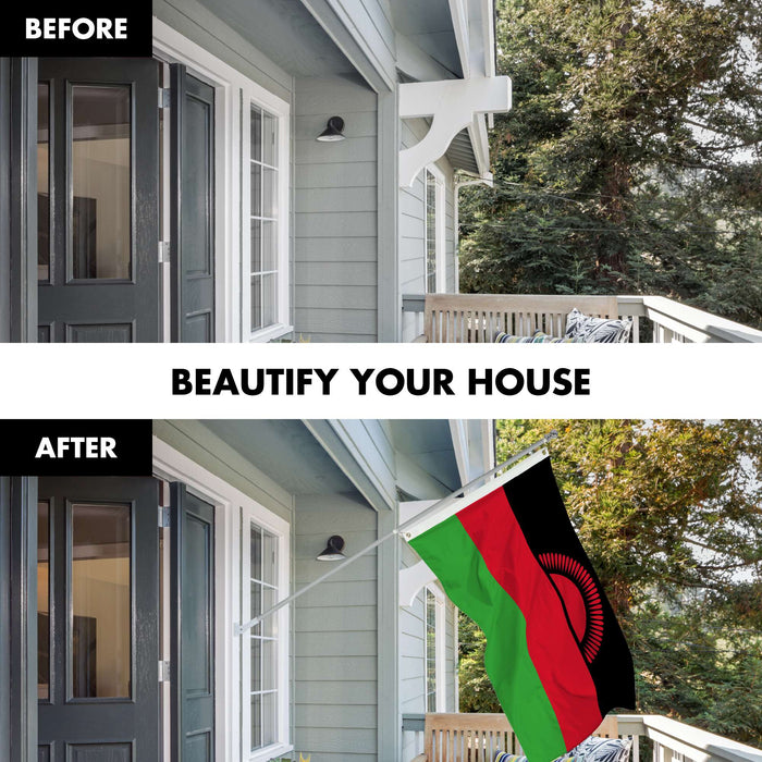 G128 Combo Pack: 6 Ft Twist Free Aluminum Spinning Flagpole (Silver) & Malawi Flag | 3x5 Ft | LiteWeave Pro Series Printed 150D Polyester | Pole with Flag Included