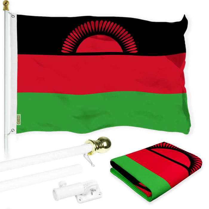 G128 Combo Pack: 6 Ft Twist Free Aluminum Spinning Flagpole (White) & Malawi Flag | 3x5 Ft | LiteWeave Pro Series Printed 150D Polyester | Pole with Flag Included