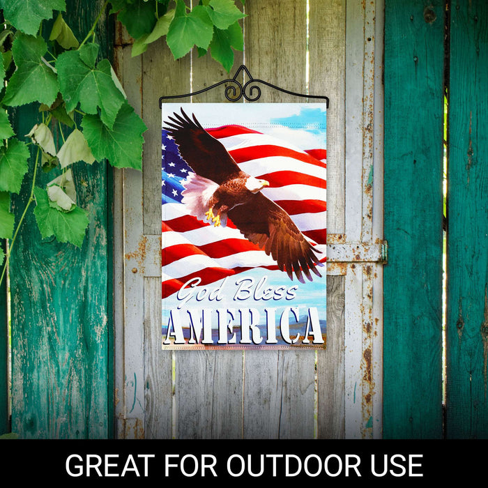 G128 Combo Pack Garden Flag Hanger 14IN & Garden Flag God Bless America with Eagle Printed 12x18IN Double Sided