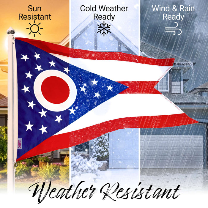 G128 Ohio OH State Flag | 2x3 Ft | StormFlyer Series Embroidered 220GSM Spun Polyester | Embroidered Design, Indoor/Outdoor, Brass Grommets, Heavy Duty, All Weather