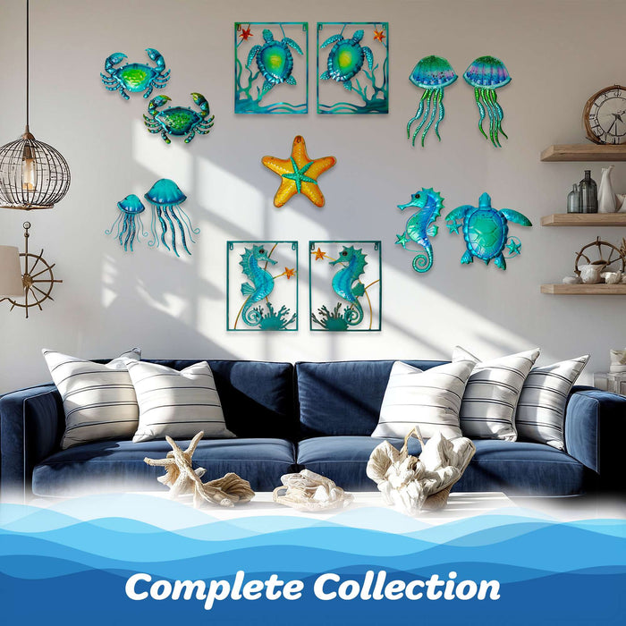G128 Crab Metal Wall Art Set | Blue Crab Coastal Ocean Beach Theme Indoor Outdoor Wall Art Hanging Decor for Bedroom, Living Room, Garden, Patio