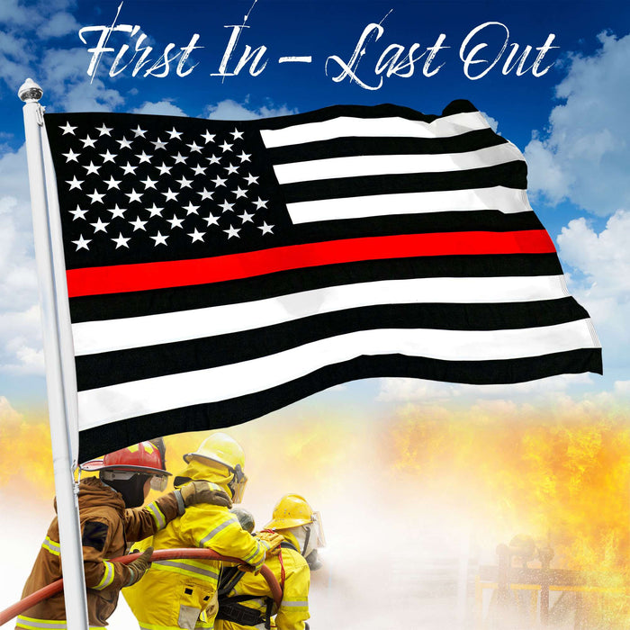 G128 - Thin Red Line Flag Embroidered 4x6 FT Heavy Duty 220GSM Tough Spun Polyester U.S. American Flag Brass Grommets Honoring Fire Fighters and EMTs Black White and Red US Flag