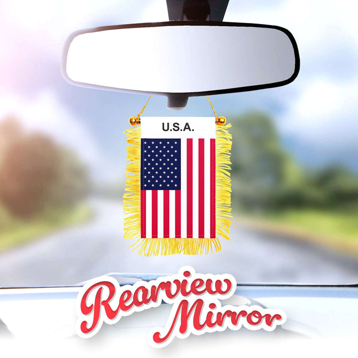 G128 USA American Fringy Flag | Fringy Hanging Double Sided Flag with Suction Cup, Window and Car Rearview Mirror Decor