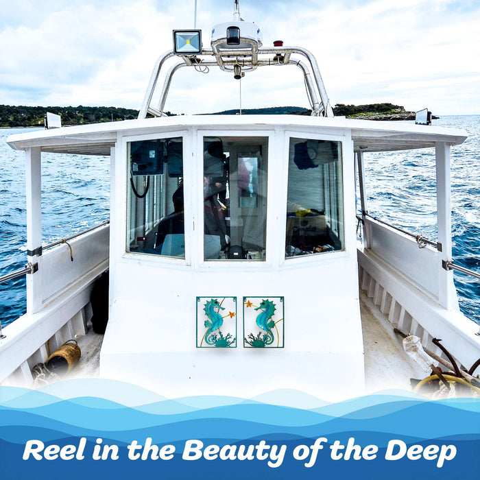 G128 Seahorse Metal Wall Art Set | Ocean Beach Themed Framed Home Wall Decor with LED Lights | Battery NOT Included