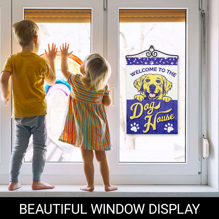 G128 Combo Pack Garden Flag Hanger 14IN & Garden Flag Welcome to the Dog House Yellow Labrador Printed 12x18IN Double Sided Yard Lawn Decoration