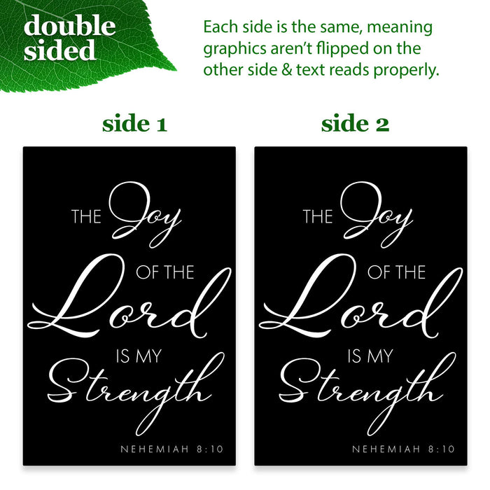 G128 Combo Pack: Garden Flag Stand Black 36x16IN & Garden Flag Joy of the Lord Scripture Printed 12x18IN Double Sided Yard Lawn Decoration