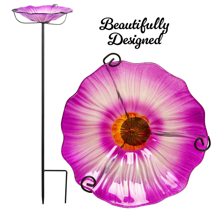 G128 29 Inch Height Glass Bird Baths with Metal Stake | Decorative Purple Flower Design Outdoor Garden Bird Feeder