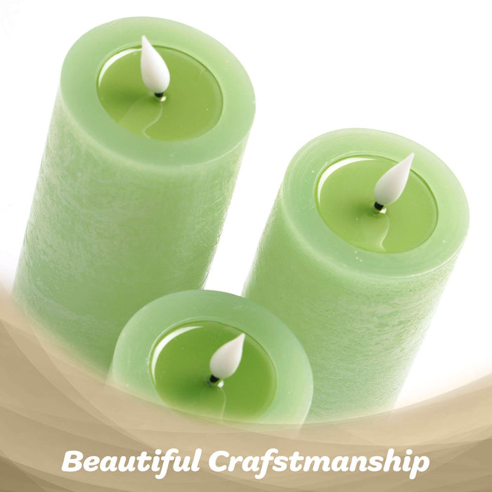 G128 set of three green flameless LED pillar candles in 6, 5, and 4 inch heights