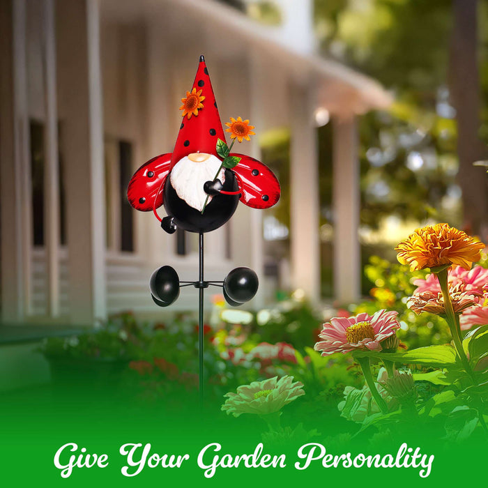 G128 Gnome Labybug Metal Yard Wind Spinner Stake | Outdoor 48 inch Gnome Statue Decorations 360 Degrees Swivel Wind Spinner for Patio Garden Backyard