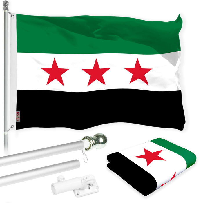 G128 Combo Pack: 6 Ft Tangle Free Aluminum Spinning Flagpole (Silver) & Republic of Syria Flag 3x5 Ft, LiteWeave Pro Series Printed 150D Polyester | Pole with Flag Included