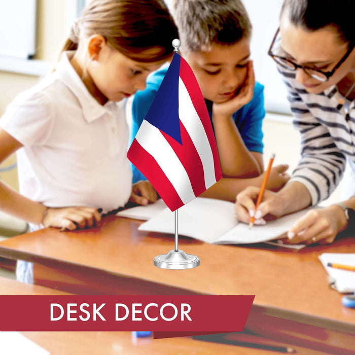 G128 Puerto Rico Puerto Rican Deluxe Desk Flag Set | 8.5x5.5 In | Printed 300D Polyester, with Silver Dome and Base, 15" Metal Pole, Decorations For Office, Home and Festival Events Celebration