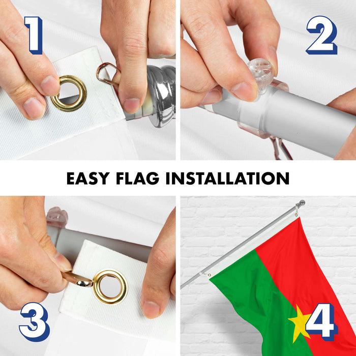 G128 Combo Pack: 6 Ft Twist Free Aluminum Spinning Flagpole (Silver) & Burkina Faso Flag | 3x5 Ft | LiteWeave Pro Series Printed 150D Polyester | Pole with Flag Included