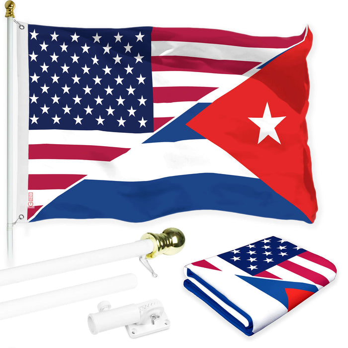 G128 Combo Pack: 6 Ft Twist Free Aluminum Spinning Flagpole (White) & Cuba USA Friendship Flag | 3x5 Ft | LiteWeave Pro Series Printed 150D Polyester | Pole with Flag Included
