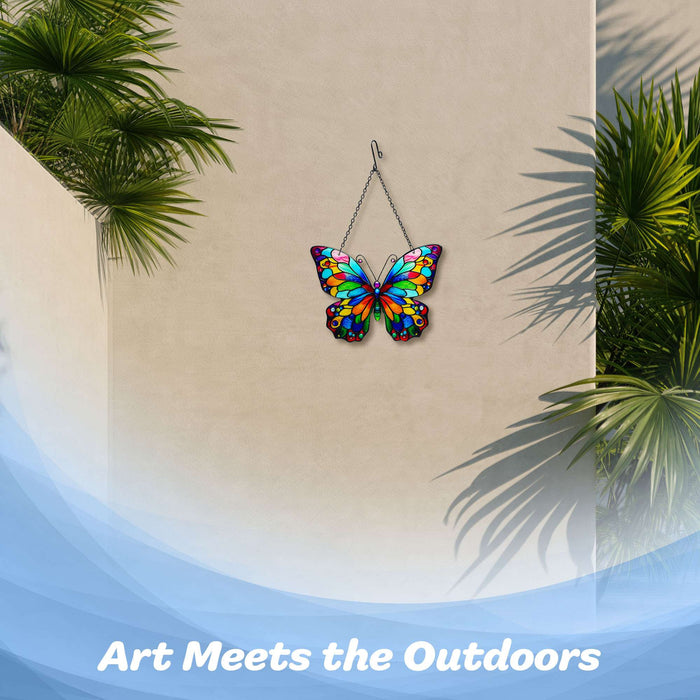G128 butterfly stained glass suncatcher window hanging ornament with metal frame, 10 inch nominal size