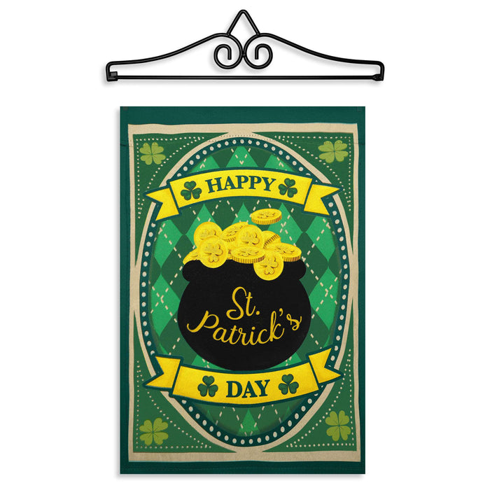 G128 Combo Pack Garden Flag Hanger 14IN & Garden Flag Happy St. Patrick's Day Pot Gold Printed 12x18IN Double Sided