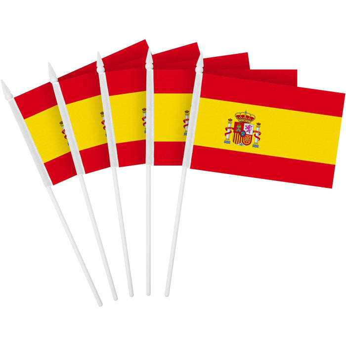 G128 10 Pack Handheld Spain Spanish Stick Flags | 4x6 In | Printed 150D Polyester, Country Flag, Solid Plastic Stick, Spear White Tip