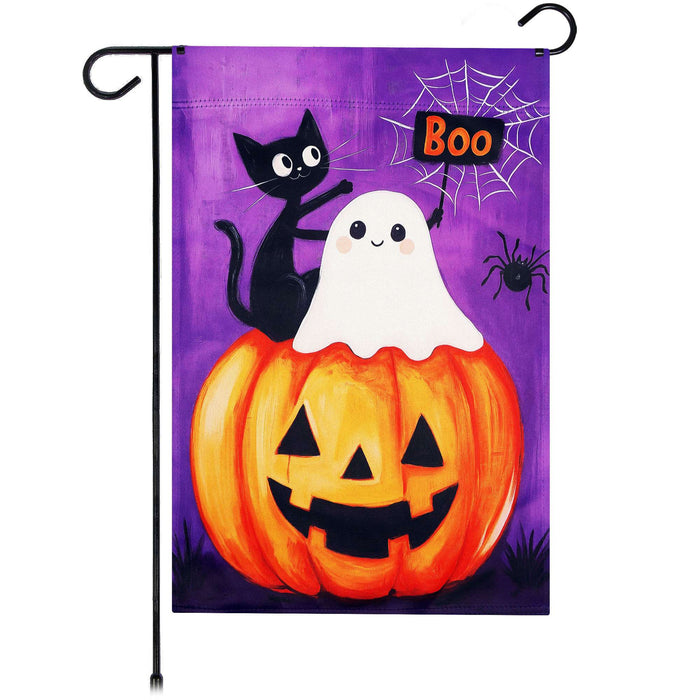 G128 Halloween Ghost Cat Pumpkin Garden Flag 12x18 In Double Sided Halloween Yard Garden Lawn Decoration