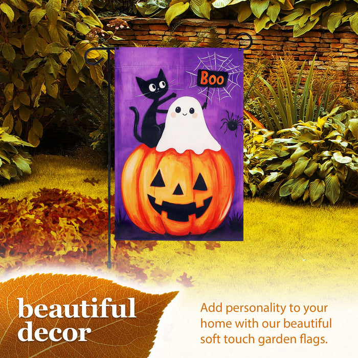 G128 36x16IN Garden Flag Stand & 12x18 Halloween Ghost Cat Flag Kit